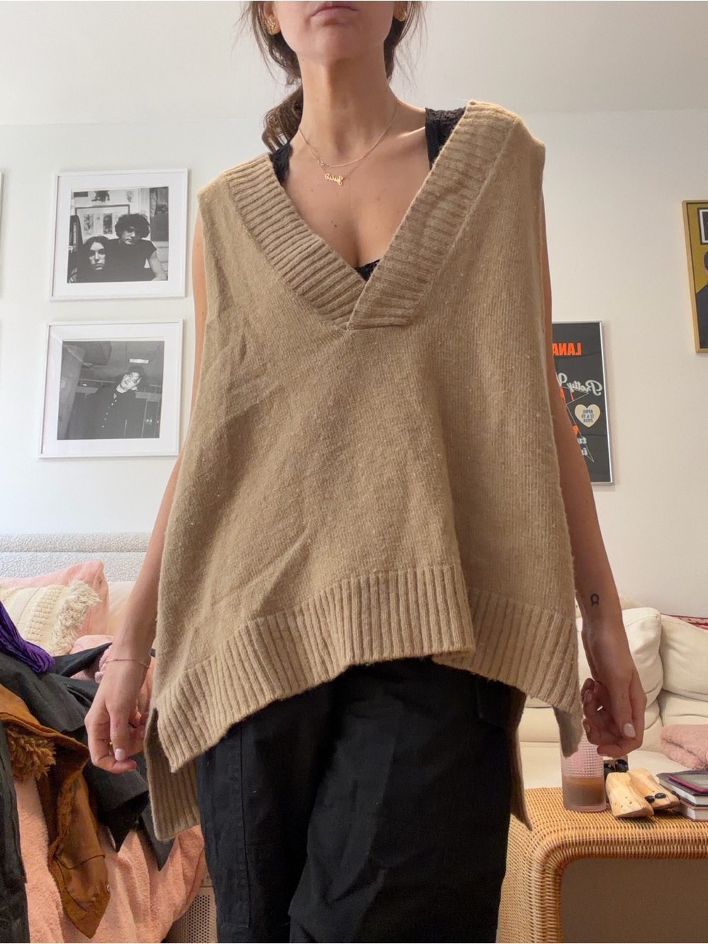 Free People Oversized V-Neck Sweater Vest in Camel